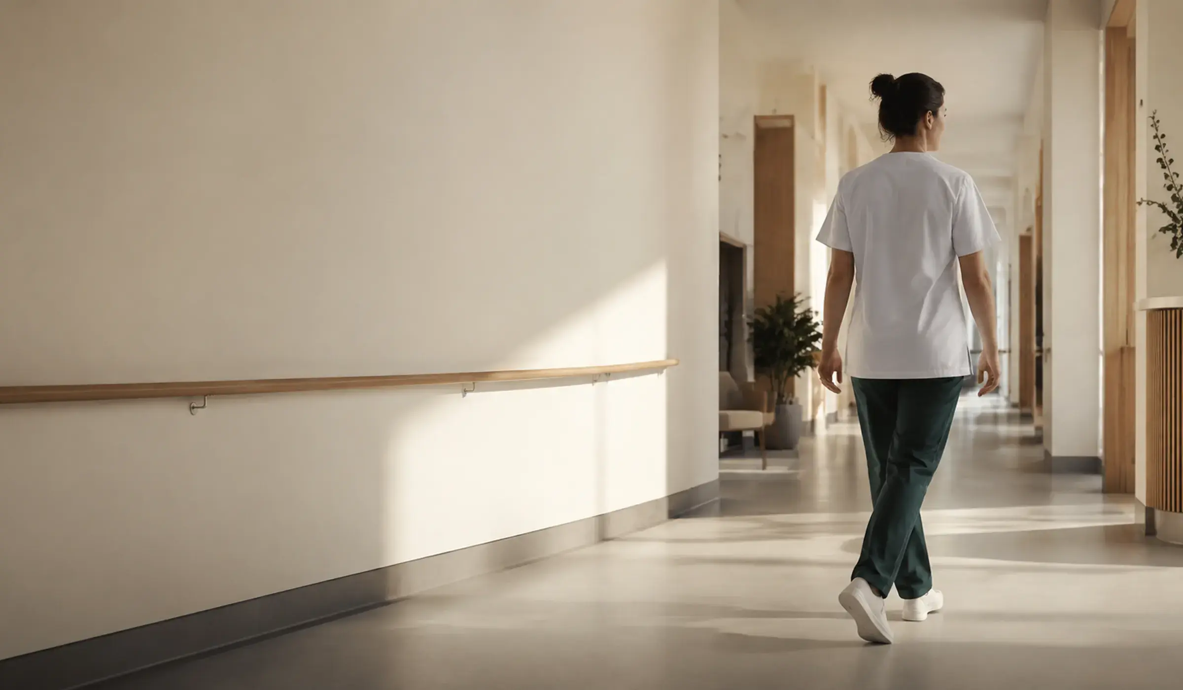 Pflegekraft auf dem Weg über einen hellen Klinikflur
